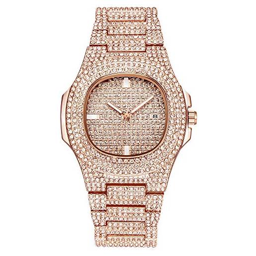 Grancey unisex adulto tutti gli orologi di diamanti rotonda in cristallo di lusso orologio bracciali hip hop vogue orologi cinturino oro rosa 1
