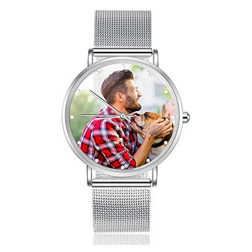 ALBERTBAND orologio da donna orologio personalizzato con foto orologi con cinturino in pelle orologio da polso da donna per uomo per la festa del papà regalo per la mamma (argento-41mm)