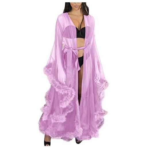 Generic cardigan pizzo donna moda sexy tulle robe lungo lingerie camicia da notte accappatoio pigiameria piuma da sposa robe lingerie lingerie taglie, 1-viola, misura unica