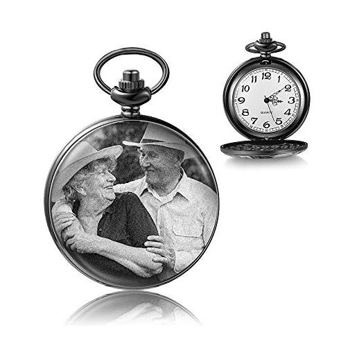 jewel orologio tasca personalizzato con foto e testo incisione orologio da tasca vintage liscio orologio classico per uomo donna regalo per compleanno anniversario festa del papà (nero 2)