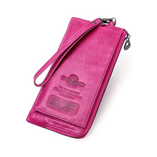 Contacts portafoglio in pelle cerniera bloccante rfid, portamonete con carta di grande capacità, pochette con cinturino polso per donna/uomo (rosa rossa)