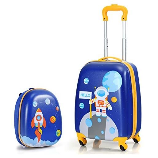 DREAMADE trolley per bambini, set di zaino + trolley da viaggio con maniglia leggero con ruote (12+16, astronauta)