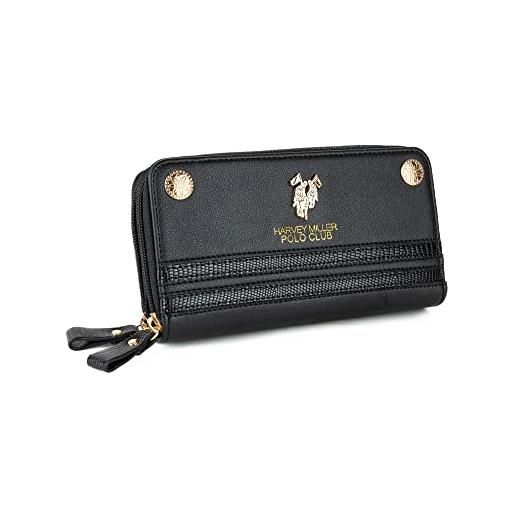 HARVEY MILLER POLO CLUB portafoglio donna ecopelle portamonete con doppia zip carte credito banconote linea raggie colore nero