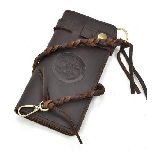 LUUFAN portafoglio lungo in vera pelle da uomo con tasca con cerniera vintage bifold borsa da libretto degli assegni (chain wallet5)