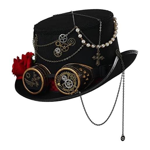 BLESSUME steampunk - cappello a cilindro con occhiali per carnevale, halloween, feste a tema, nero 1, m