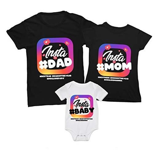 Overthetee tris t-shirt e body coordinato famiglia - insta #family - insta #baby - insta #dad - insta #mom - tshirt mamma papà e figlio - tris di tshirt - body neonato - idea regalo