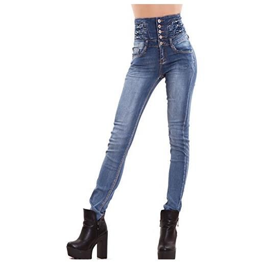 Toocool - jeans donna pantaloni skinny vita alta elastici slim strass fiocchi nuovi p0575 [xs, blu]