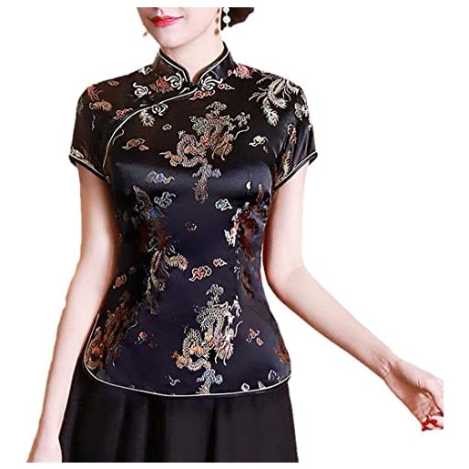 Byblos camicetta a fiori cinese tradizionale da donna camicetta qipao a maniche corte camicetta estiva a maniche corte black red flower m