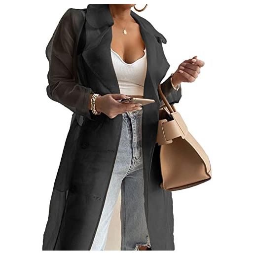 YiZYiF donna giacca a vento di media lunghezza trasparente lungo mesh coat con rever outwearcon cintura cachi xl