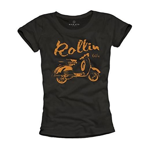 MAKAYA maglette donna vintage - rollin 60's - t-shirt vespa hippie nera m