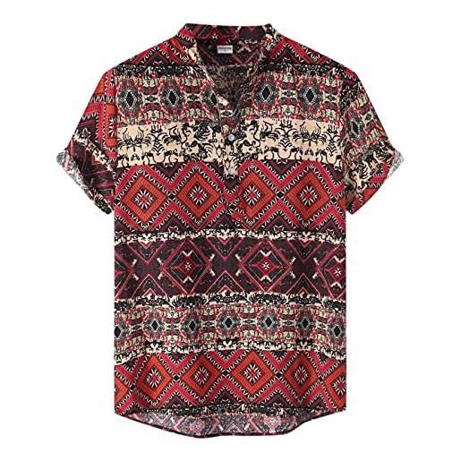 Generic camicia alla moda casual da uomo top colorato stampato top allentato camicia a maniche corte con colletto alla coreana camicie imbottite da (red, xxl)