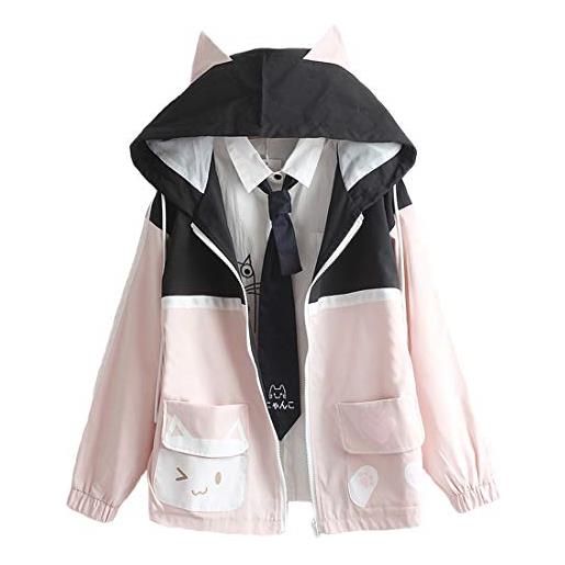 Himifashion kawaii giacche carino gatto tasca colore abbinamento felpa giapponese ragazza stampa sciolto manica lunga cerniera cappotti top per le donne, nero , l
