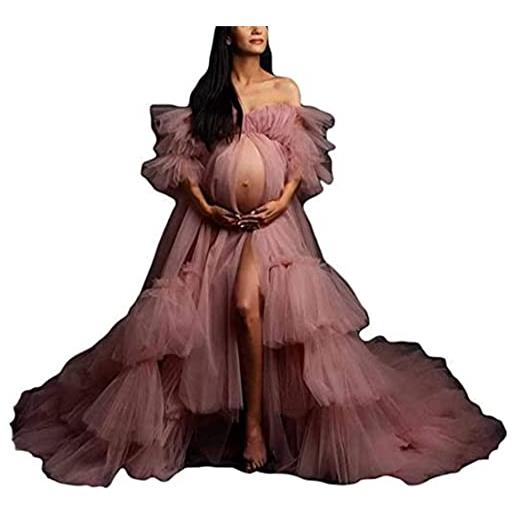 MAYILNSIN maternità tulle robe photoshoot lingerie puffy sheer lungo fuori dalla spalla vestaglia, rosa, m