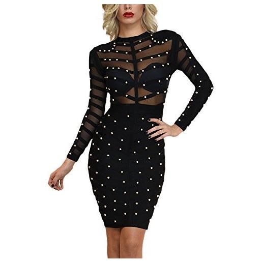 HLBandage women long sleeve mesh beaded rayon bandage dress(l, beige)