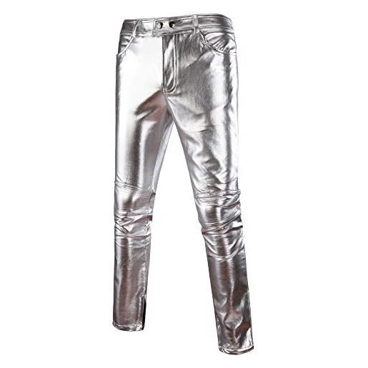 HanzhuoLG pantaloni da motociclista attillati da motociclista in ecopelle lucida da uomo pantaloni lunghi da discoteca argento m