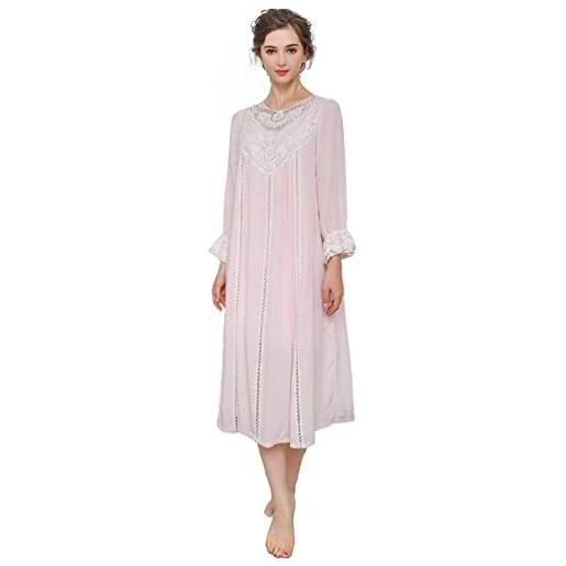 OKSakady donne manica lunga cotone camicia da notte lunghezza midi pizzo principessa notte vestito pajama vestito (cotone rosa, s)