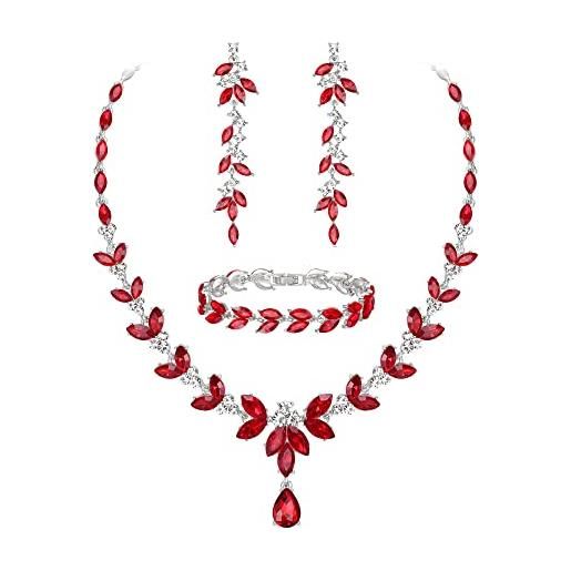 EVER FAITH set di gioielli da damigella in cristallo austriaco, elegante collana con foglie di strass marquise, orecchini pendenti, bracciale da tennis rosso argento fondo