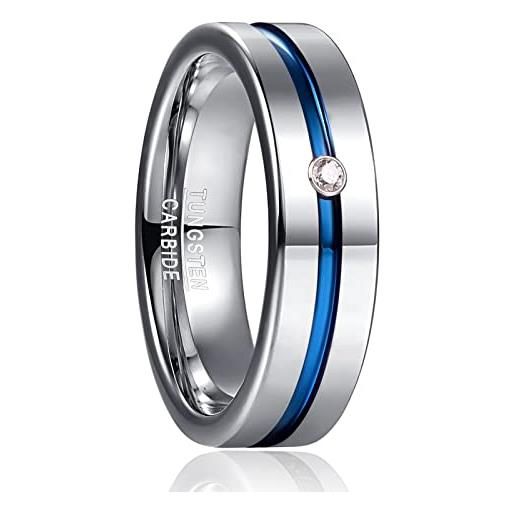 Phyonio anello uomo donna per matrimonio con scanalatura blu e fascia di fidanzamento in tungsteno intarsiato con zirconi cubici con bordo piatto taglia 17.5