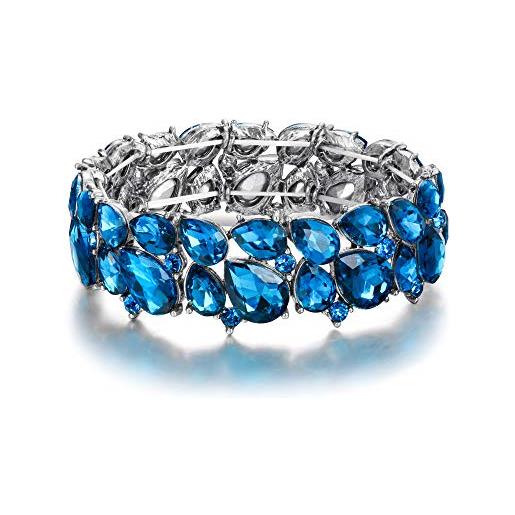 EVER FAITH braccialetto donna, abiti gioielli cristallo art deco 2 strato goccia elasticità bracciale per incontro blu argento-fondo