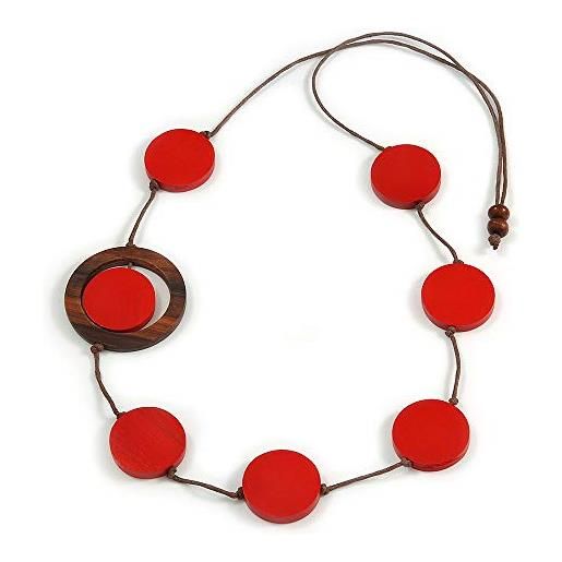 Avalaya collana in corda di cotone con perline in legno rosso/marrone, lunghezza 80 cm, regolabile