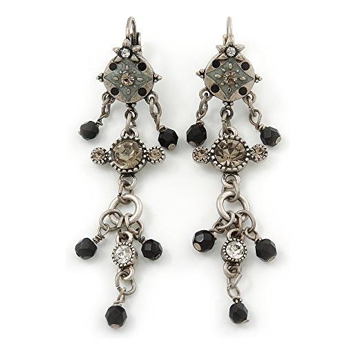 Avalaya orecchini pendenti in cristallo smaltato grigio vintage con chiusura a monachella, tono argento invecchiato, lunghezza 65 mm