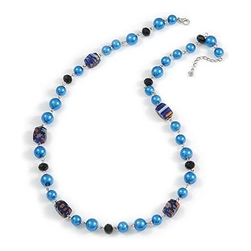 Avalaya collana con perle finte blu, vetro nero e perline in ceramica, 72 cm, lunghezza 4 cm, misura unica