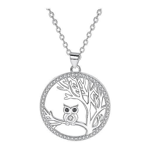 Hifeeled collana albero della vita donna argento sterling 925 ciondolo rotonda con gufo con zirconia cubica, gioielli regali per donna -anallergica |45cm+5|