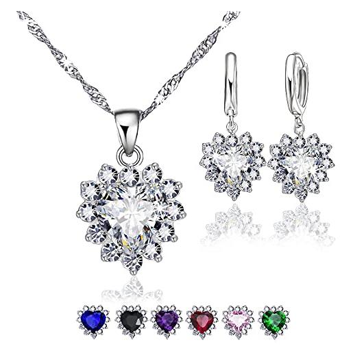 CRYSTALINA parure gioielli donna, collana e orecchini argento 925 con ciondolo cuore, set regalo e zirconi colorati (bianco)