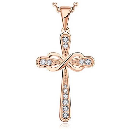 JO WISDOM collana di infinito croce argento 925 donna, ciondolo con catena crocifisso celtico zirconia cubica aaa con placcato in oro rosa