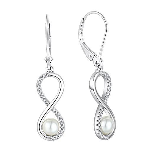 JO WISDOM orecchini infinito argento 925 donna con aaa zirconia cubica, orecchini di perle con perla swarovski da 5mm ragazza