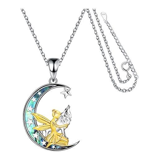 JJDreams collana da donna in argento 925 con catena a stella e luna e cuore di fata con zirconi e conchiglia di abalone