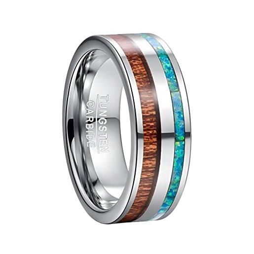 TUNGSTORY 8mm anello in carburo di tungsteno per uomo anello argento intarsiato con opale sintetico e legno di koa hawaiano comfort fit taglia 27.5