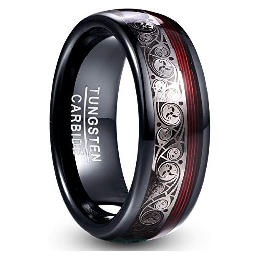 VAKKI anello in carburo di tungsteno nero, 8 mm, motivo a spirale celtica e intarsio rosso per chitarra, lucido, comodo, misura da o a y, tungsteno, nessuna pietra preziosa