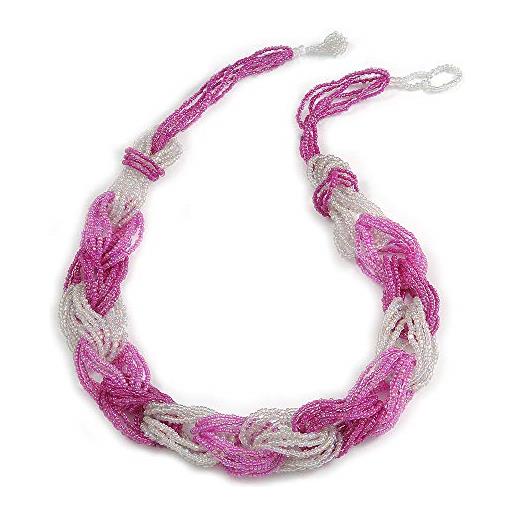 Avalaya collana unica con perline di vetro intrecciate, colore: rosa/trasparente, lunghezza 52 cm, misura unica, vetro