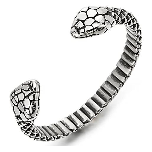 COOLSTEELANDBEYOND bracciale braccialetto cuff in acciaio in stile retrò con teste di serpente e scaglie di serpente per uomo e donna