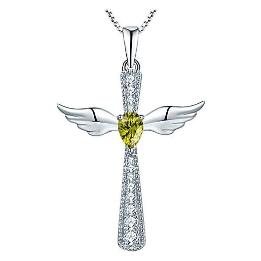 YL collana croce ala d'angelo 925 argento pietra portafortuna agosto zirconia cubica peridoto verde ciondolo angelo custode per donna, catena 45+3cm