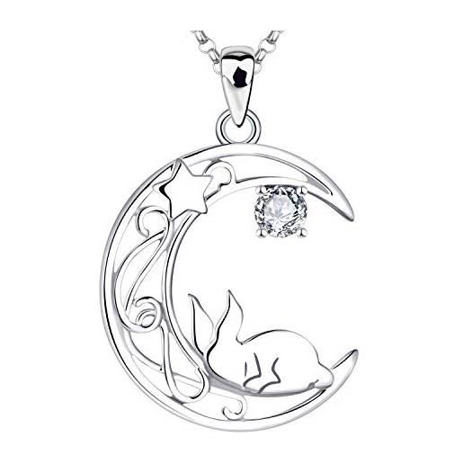 JO WISDOM collana di lepre argento 925 donna, ciondolo con catena coniglio stella lunare zirconia cubica aaa