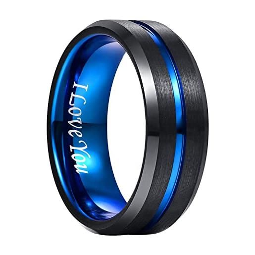 NUNCAD 8 mm anello incisione i love you in tungsteno nero con scanalatura centrale blu, anello comfort lucido per uomo donna fidanzamento matrimonio taglia 20.75