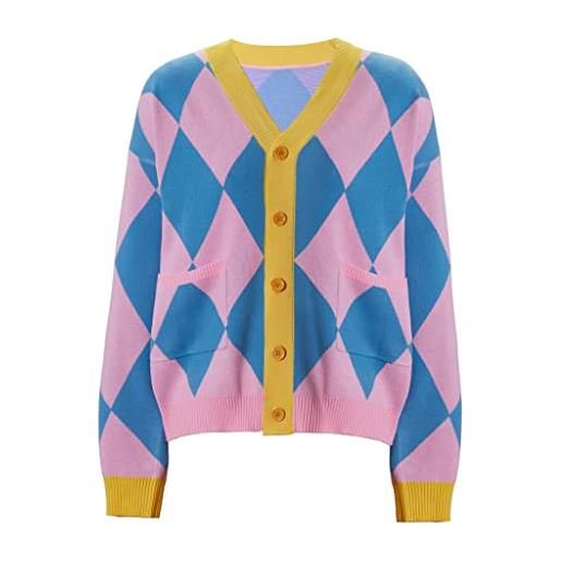 SFWXCOS maglione con scollo a v, cardigan classico con stampa a diamante, giacca con bottoni e tasche, costume cosplay, rosa e blu. , s-m