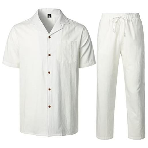 LucMatton abiti casual in lino da uomo 2 pezzi abiti estivi con colletto cubano per vacanze in spiaggia, bianco, l