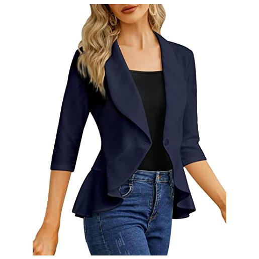 Clearlove donna slim fit blazer 3/4 manica elegante giacca blazer solid ruffled lapel suit casual ufficio cardigan blazer button suit giacca, blu navy, xxl