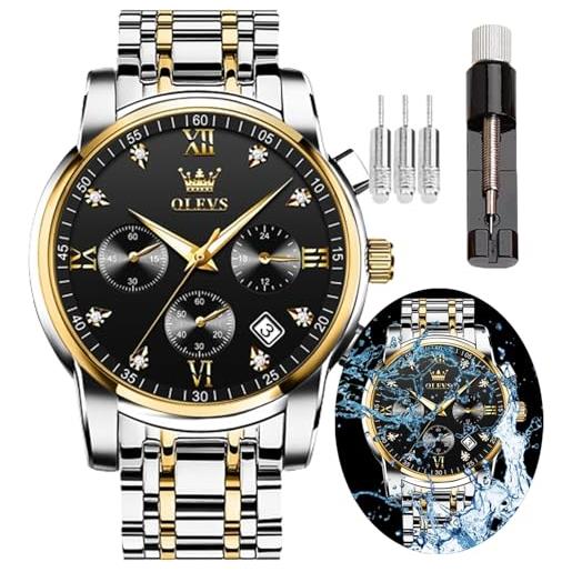 OLEVS male wrist watches, analog quartz business stainless steel waterproof luminous watches luxury casual big diamond dial date multi-function chronograph watches for man. 