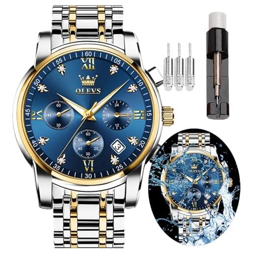 OLEVS male wrist watches, analog quartz business stainless steel waterproof luminous watches luxury casual big diamond dial date multi-function chronograph watches for man. 