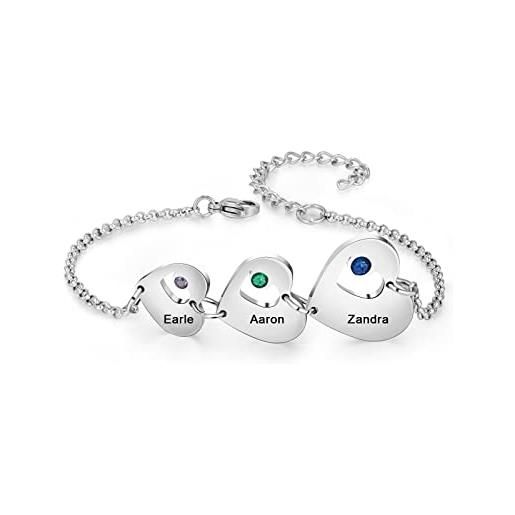ALBERTBAND bracciale cuore personalizzato per donna ciondolo in argento con incisione 3 nomi e pietre braccialetti madre figlia regolabili regalo per la festa della mamma compleanno natale (#2)