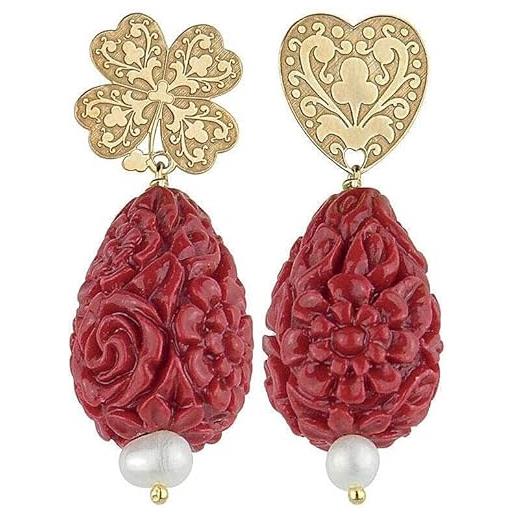 Lebole Gioielli collezione gotico caratteri mobili cuore quadrifoglio orecchini da donna in argento rosso