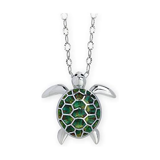 Artlinea, collana in argento 925, gioiello rodiato con pendente a forma di tartaruga, smalto verde eseguito a mano, dimensione mini, chiusura a moschettone, made in italy