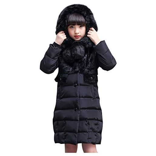SXSHUN - piumino invernale da ragazza, con cappuccio, caldo e lungo nero 122 cm-128 cm