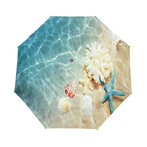 QMIN - ombrello pieghevole da spiaggia, con stelle marine, protezione antivento e anti-uv, da viaggio, compatto, per donne, uomini e ragazze
