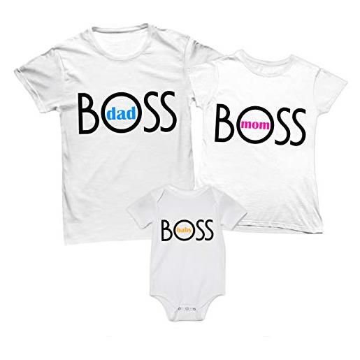 Overthetee tris t-shirt e body coordinato famiglia - baby boss - dad boss - mom boss - tshirt mamma papà e figlio - tris di tshirt - body neonato - idea regalo