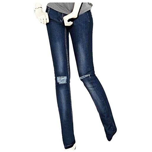MERITEX leggings donna in cotone jeans wash vestibilita' elastica e confortevole - cuciture modello jeans, tasche posteriori e strappi alle ginocchia. Disponibile nei colori bianco, nero e blu